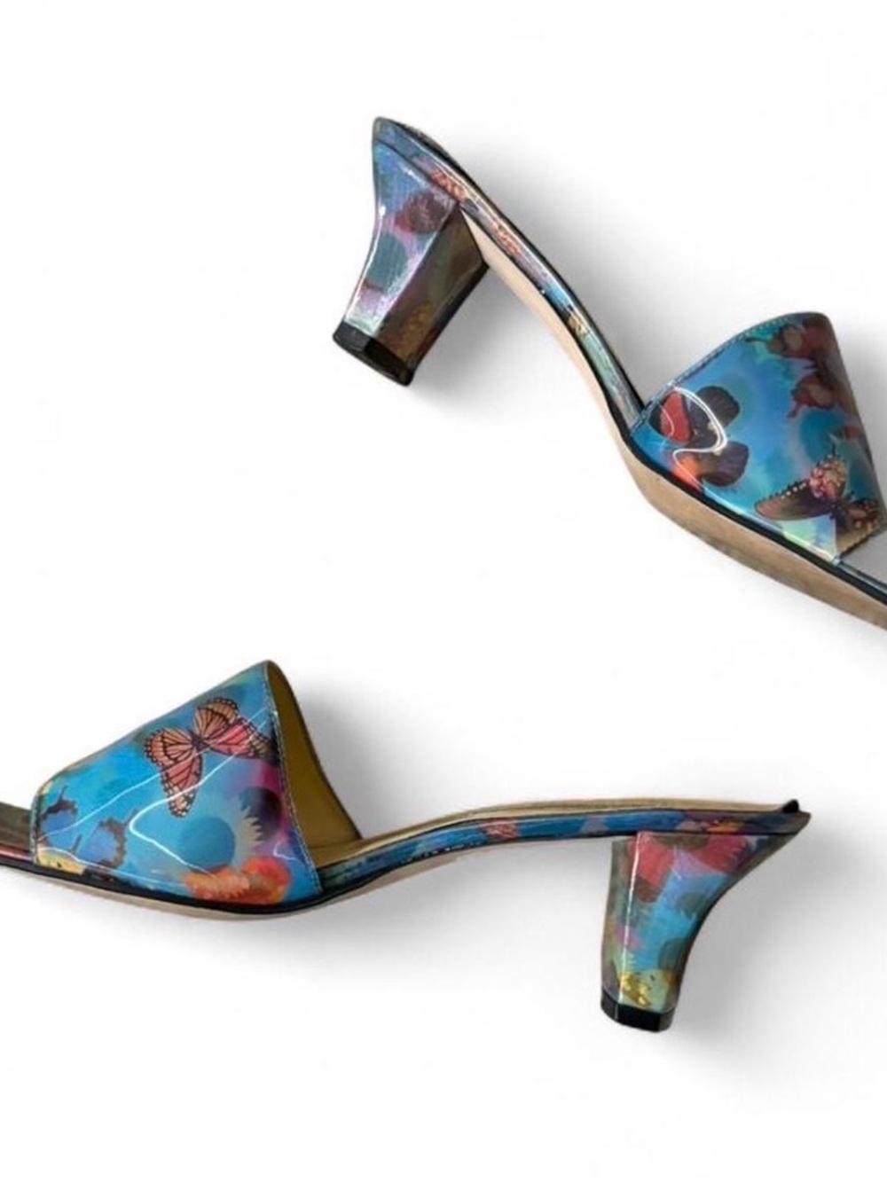 Y2K Vintage Ann Marino Butterfly Sunflower Holographic Kitten Heel Mules Sz 10 - Picture 3 of 5